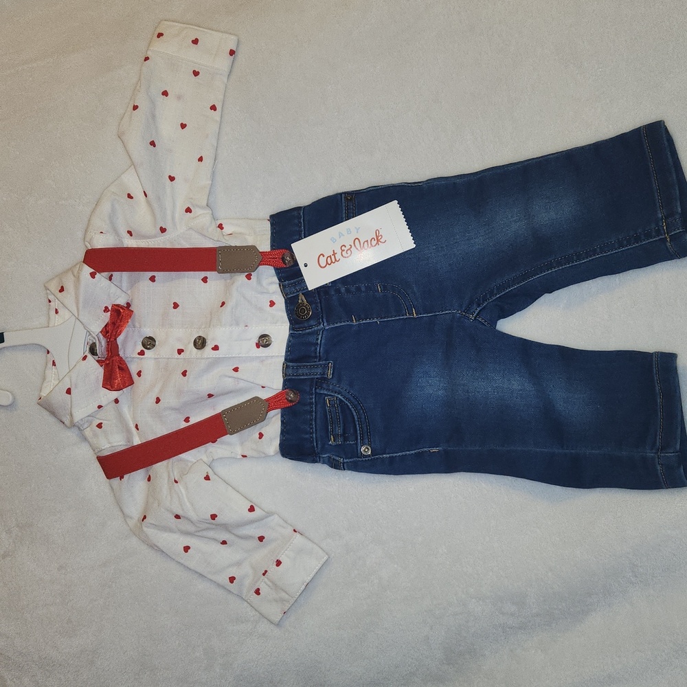 CAT & JACK, Baby Valentine's Heart Suspender Outfit And Heart Print Outfit Set - Picture 2 of 4